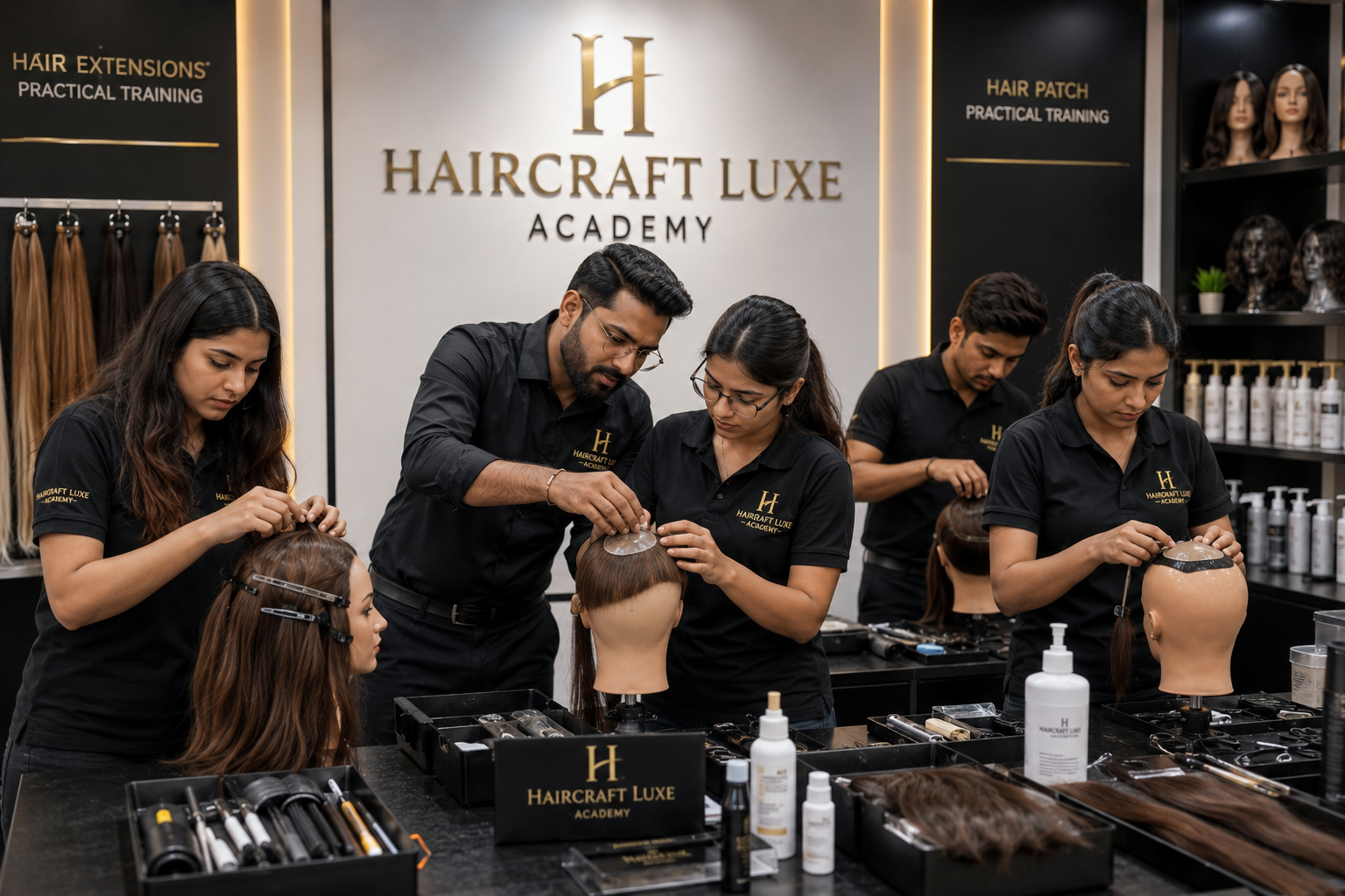 Students in black Haircraft Luxe Academy uniforms practicing hair extension and patch styling on mannequin heads at a training station.