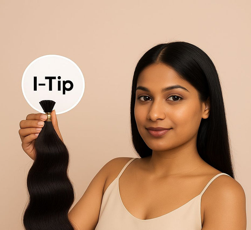 Woman holding a bundle of hair extensions with 'I-Tip' label against a beige background