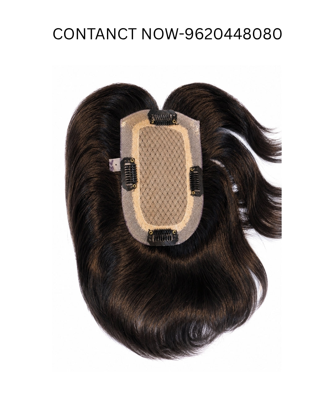 A dark brown hairpiece extension with a beige mesh attachment panel and black clips, shown against a plain white background with text at the top reading 'CONTACT NOW-9620448080'.
