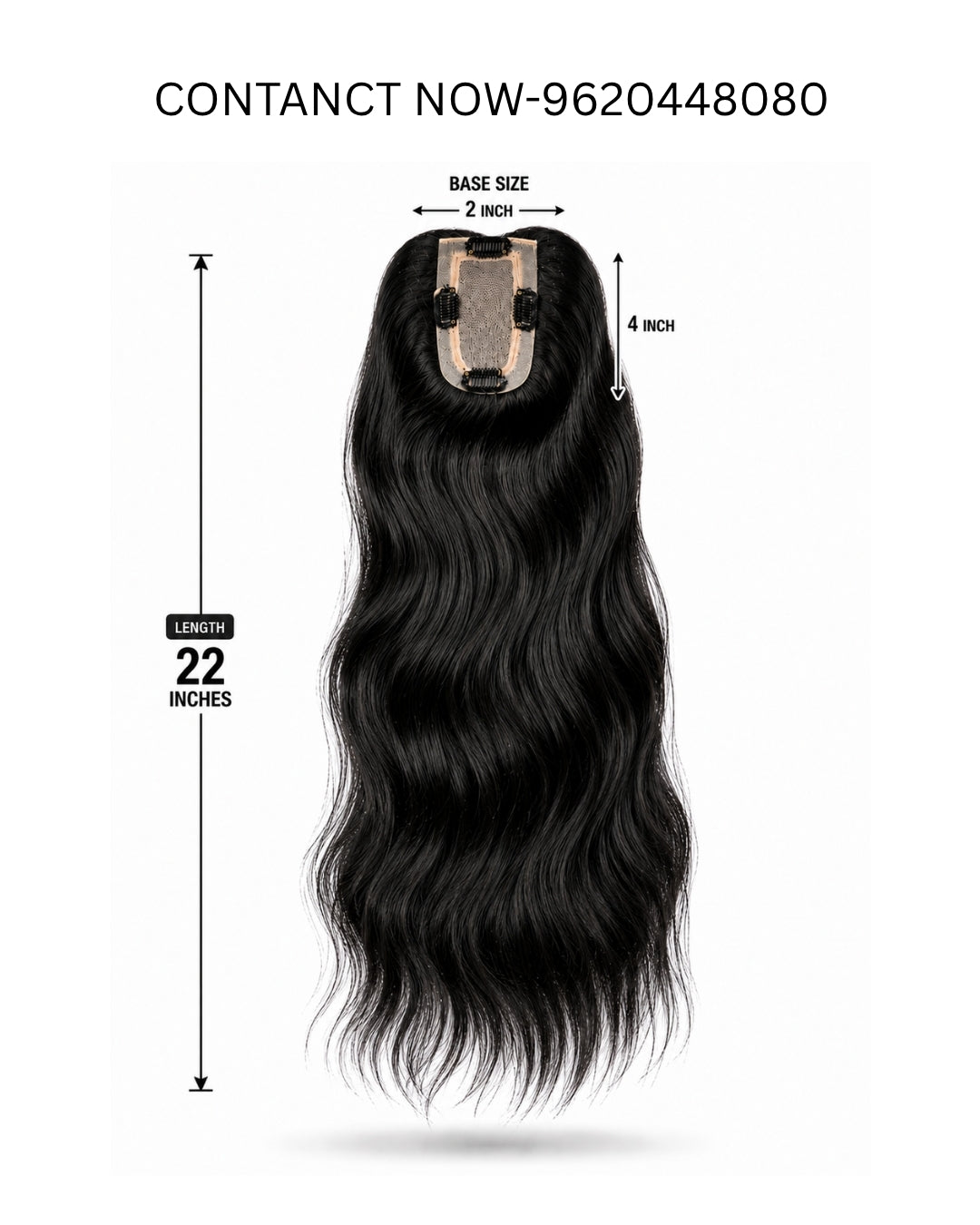 Black wavy hair extension piece with a lace front, shown with dimension labels indicating 22 inches length, 2-inch base size, and 4-inch top height on a white background.