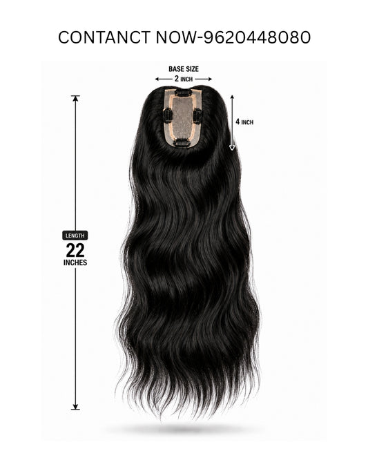 Black wavy hair extension piece with a lace front, shown with dimension labels indicating 22 inches length, 2-inch base size, and 4-inch top height on a white background.