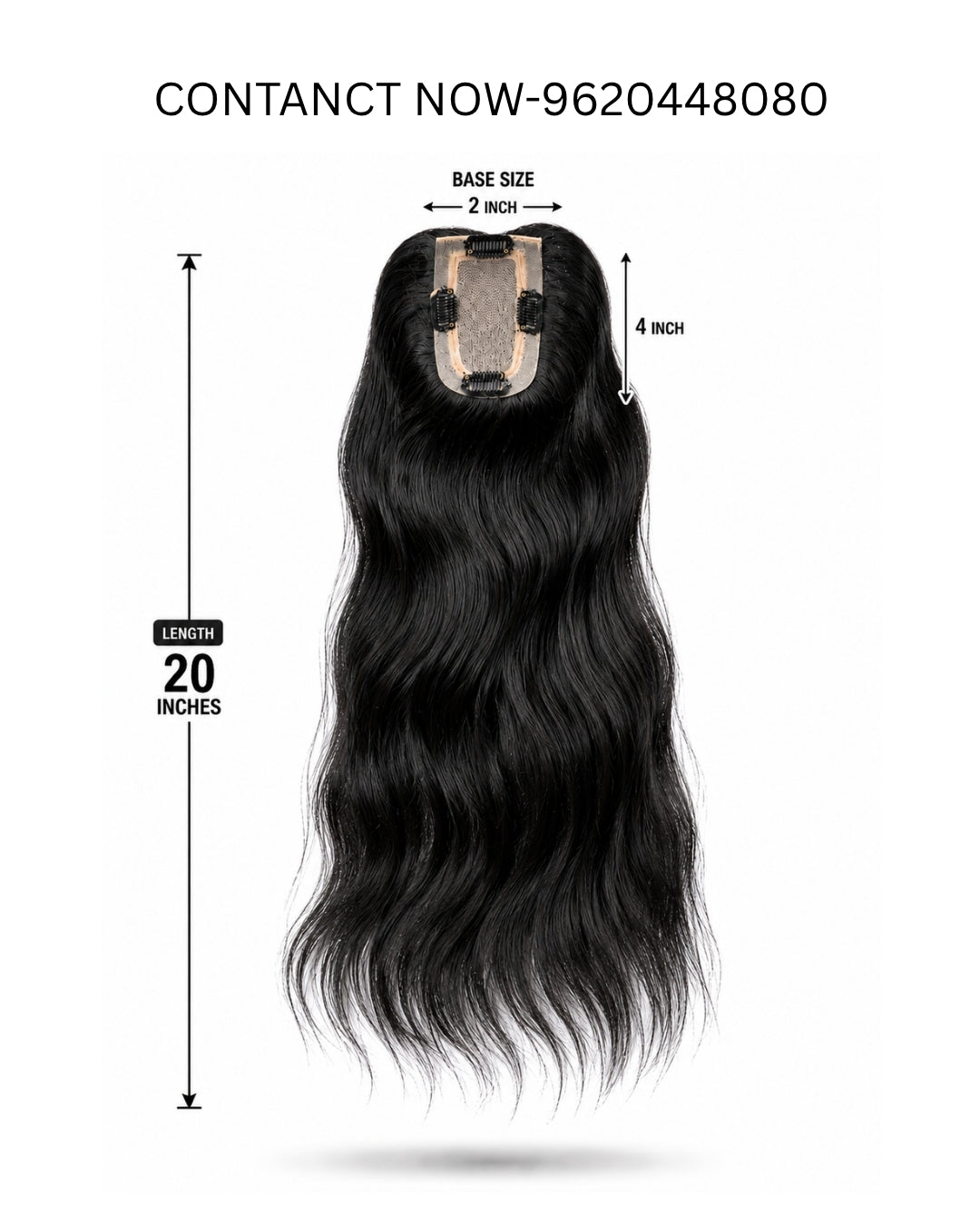 Black long wavy hair extension piece with a lace top, shown with measurement labels indicating 20 inches length, 2 inch base size, and 4 inch tip on a white background.
