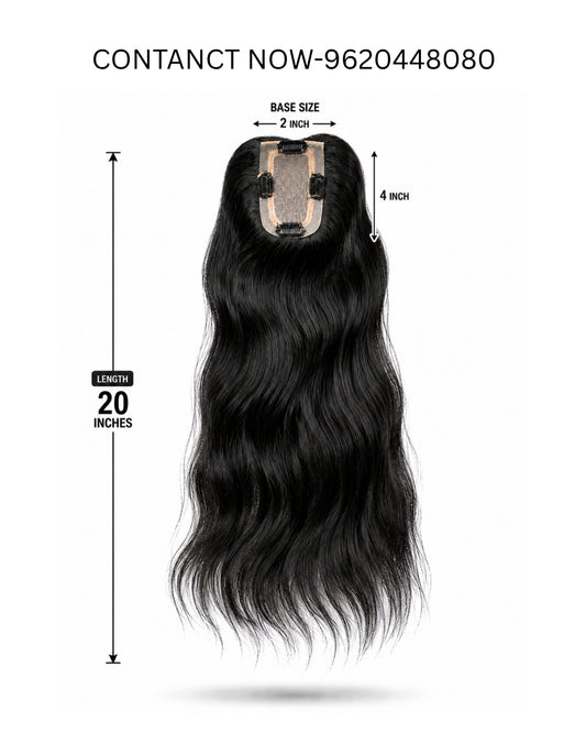 Black long wavy hair extension piece with a lace top, shown with measurement labels indicating 20 inches length, 2 inch base size, and 4 inch tip on a white background.