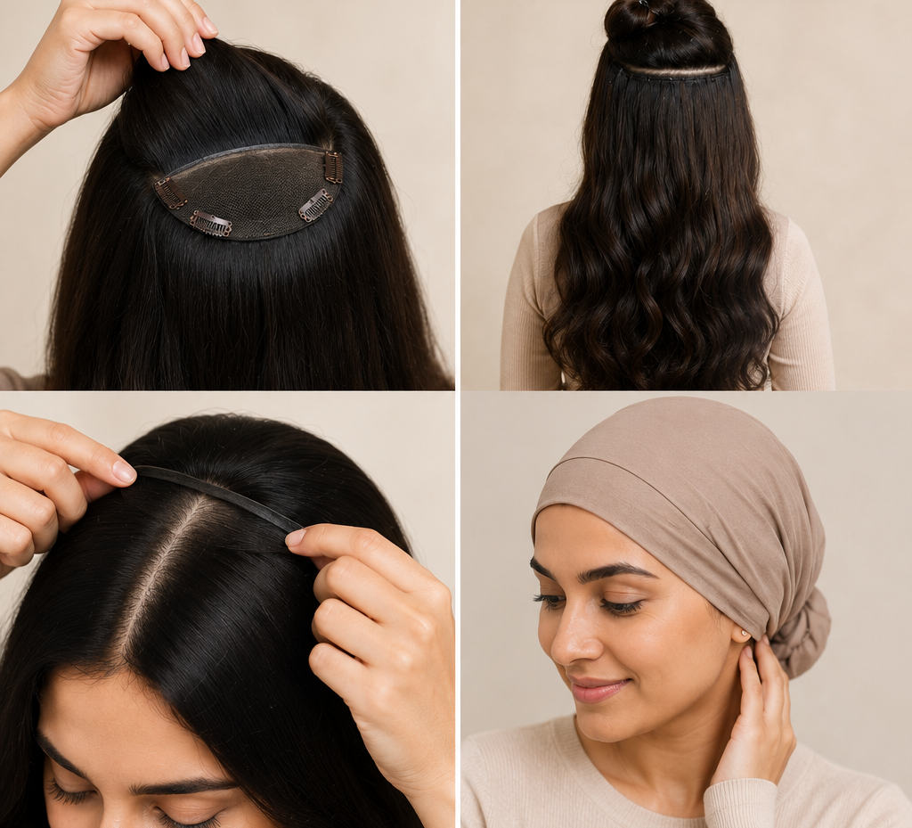 Four -panel collage showing a black hair extension or wig being modeled and demonstrated. The panels include a man wearing it, a woman with long wavy hair wearing it, a close-up of the underside and adhesive band of the hairpiece, and two women wearing a taupe headscarf with the hair extension attached.