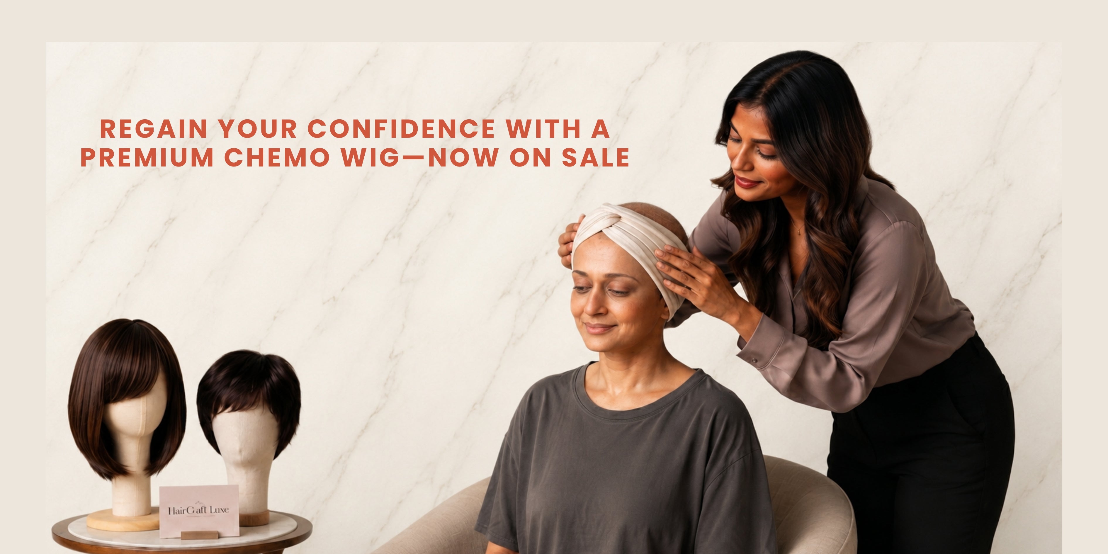A woman wearing a short dark brown chemo wig sits while another woman adjusts the wig's headband. Two mannequin heads with dark wigs are displayed on a small table in the foreground against a light marble wall, with promotional text on the left.