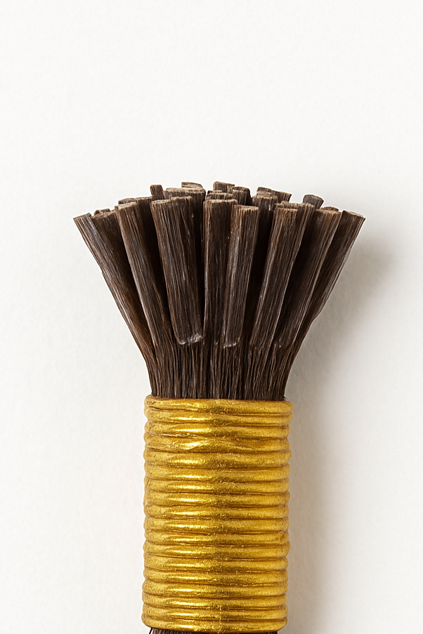 Brown hair extensions with a yellow band on a white background