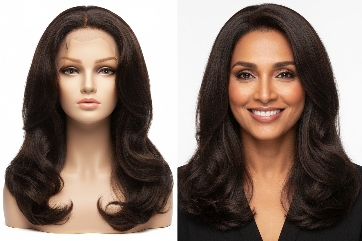 Wig on a mannequin head and a woman wearing the wig side by side.
