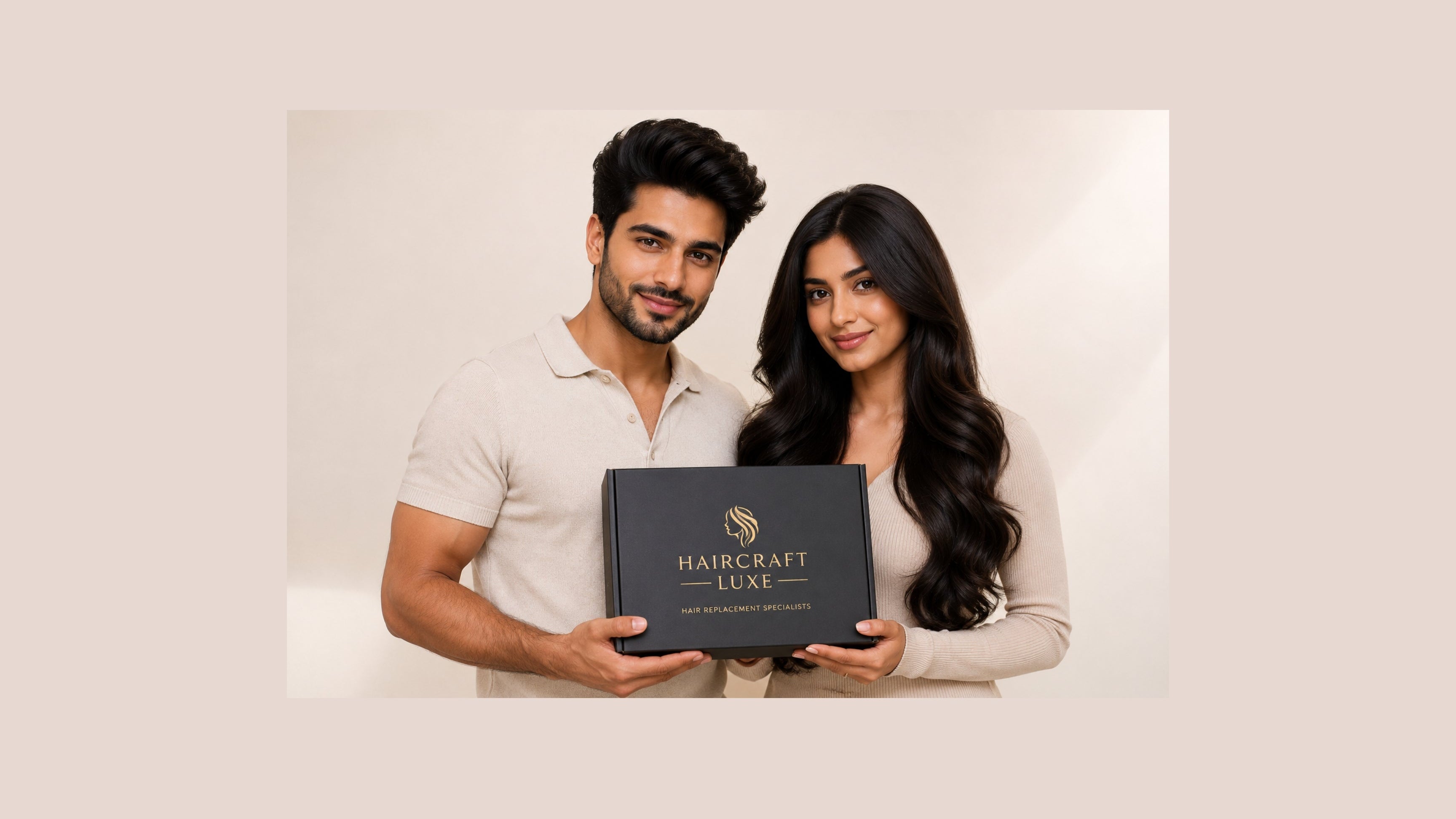 A man and a woman stand together holding a black Haircraft Luxe gift box against a light beige background.