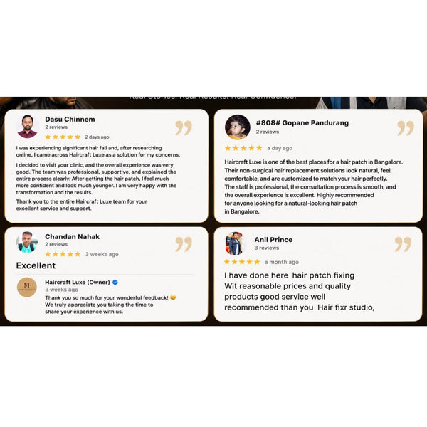 A collage of four customer review cards with photos of stylists and handwritten-style positive feedback for hair extensions or hair care services.